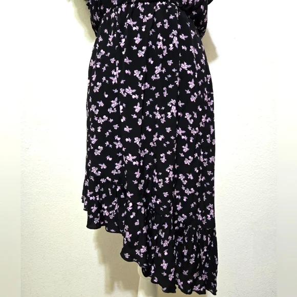 LEITH Floral One Shoulder Ruffle Asymmetric Hem Dress Black Lavender Size Medium - Picture 4 of 15
